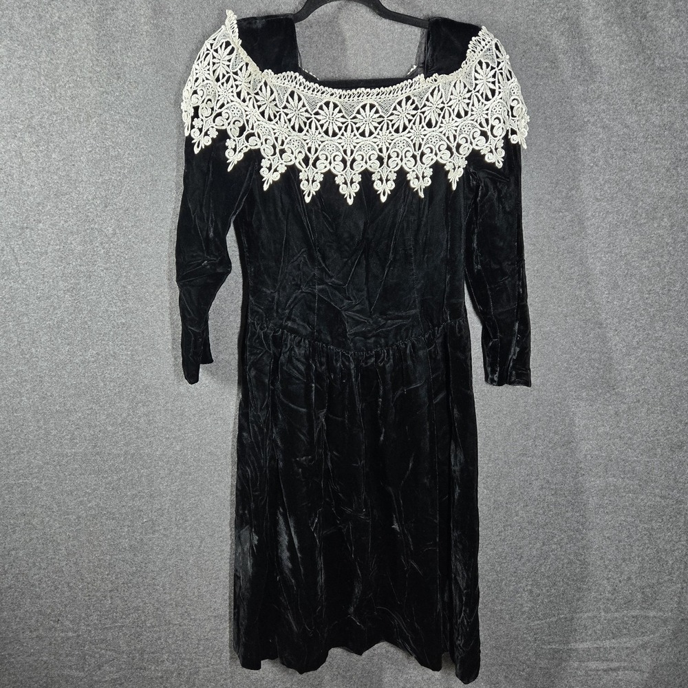 Vtg 80s 90s All Week Long Velvet Dress Lace Collar Black Size 8P Made in USA‎